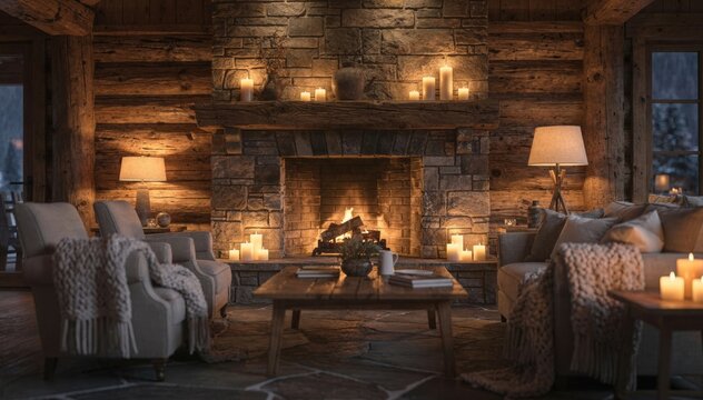 Rustic lodge hearth with the focus on the unlit brick firebox blurred candles and cozy seating arranged for warmth and relaxation on a quiet mountain evening.