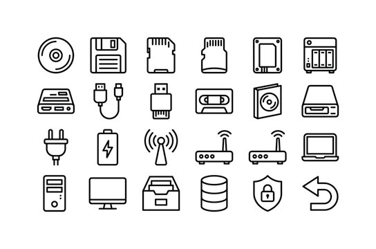 Portable Media Systems. Line icon set of removable backup hardware: optical disc, floppy disk, sd card, micro sd card, solid state drive, nas enclosure, docking station, cable adapter, flash card