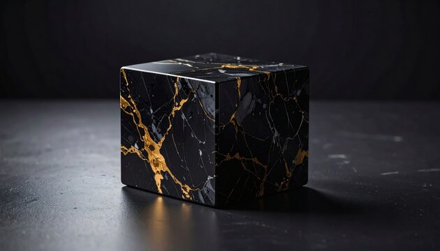 Luxury black marble cube with golden veins on dark background in studio light