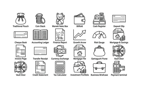Japanese Banking Pack. Line icon set of Japanese yen finance: currency pouch, coin stack, savings box, billfold, cash register, deposit slip, cheque book, accounting ledger, finance report, growth