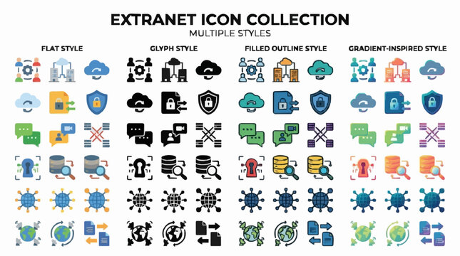 Extranet Multiple Style Icons Collection for Cloud Network Security and Digital Communication