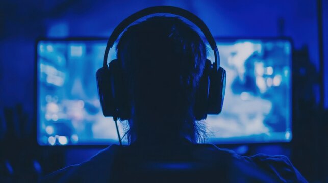 Gamer wearing headphones streaming gameplay on a video screen