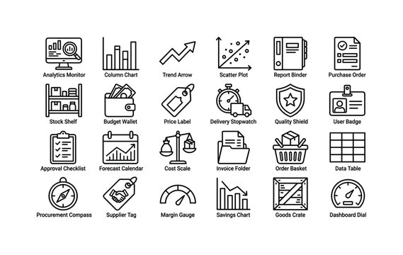 Business Metrics Toolkit. Line icon set of charts and purchasing performance: analytics monitor, column chart, trend arrow, scatter plot, report binder, purchase order, stock shelf, budget wallet,
