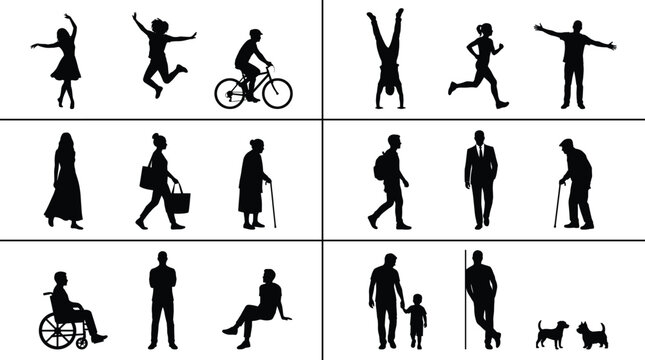 Large silhouette collection of people in different life stages and activities including dancing cycling walking business and disability isolated on white background