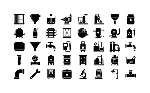 Clean Water Machinery. Solid glyph icon set of purification equipment: screen grate, grit chamber, mixing paddle, dosing pump, sand filter, carbon filter, reverse osmosis unit, disinfection chamber,