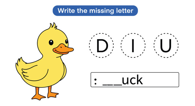 Educational worksheet for kids to practice writing the missing letter to complete the word duck with a cute yellow bird.