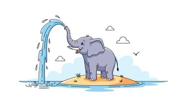 Large grey elephant standing on a small island in the ocean spraying a jet of water high from its trunk under a clear sky.
