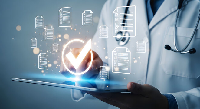 Doctor interacting with digital medical documents and checklist on tablet healthcare