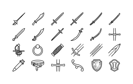 Historic Sword Forms. Line icon set of sword blade styles and hilts: rapier, falchion, longsword, claymore, katana, wakizashi, gladius, cutlass, estoc, tulwar, shamshir, straight guard, swept hilt,
