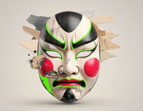 Traditional Japanese Kabuki Mask with Modern Artistic Elements.