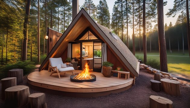 a cozy tiny home vacation rental surrounded by forest featuring a simple yet stylish interior with a fire pit outside and nature all around