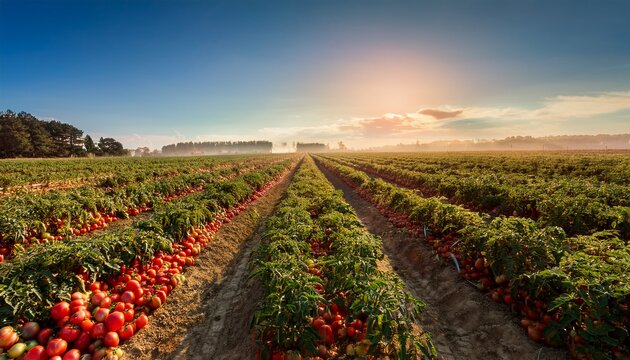 a sprawling tomato field stretches into the distance at sunrise with rows of ripe red tomatoes sparkling in the gentle light enhancing the verdant foliage