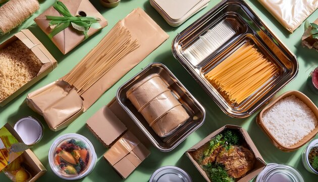 an array of food packaging materials displayed on a table including biodegradable containers recyclable bags and innovative packaging solutions for various foods