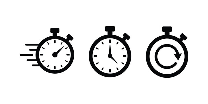 Stopwatch icons showing time passing fast clock running out quick moment and cycle repeat sign time management.