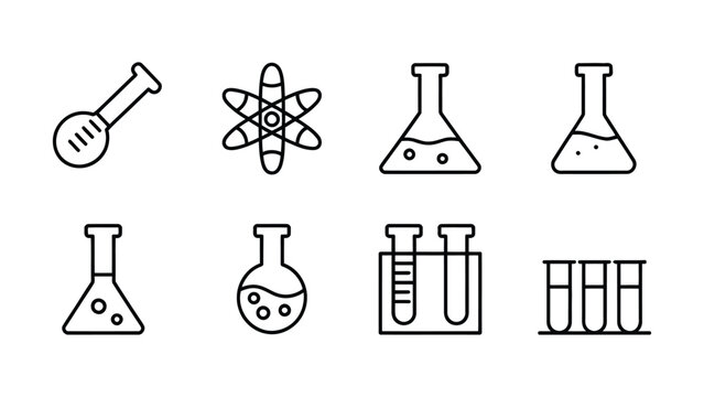 Collection of line art science icons including atomic model and various laboratory glassware such as beakers and test tubes