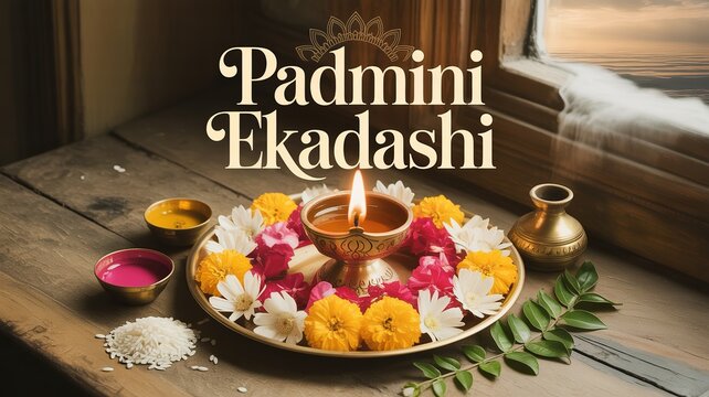 Sacred Padmini Ekadashi worship setup with lamp and floral offerings.
