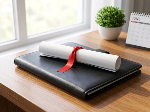 A diploma with a ribbon on a portfolio next to a calendar, symbolizing graduation season and entry-level hiring