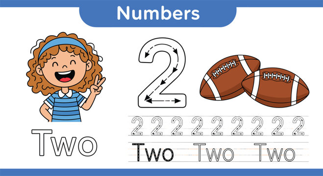 Educational worksheet for learning the number two featuring a happy young girl and two brown footballs for counting.
