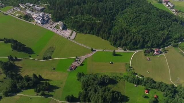Reutte Austria aerial view with Ehrenberg Castle ruins and Highline 179 suspension bridge in alpine mountain landscape