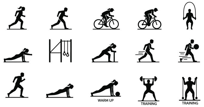 Fitness silhouette icons running cycling weightlifting jump rope and calisthenics vector set