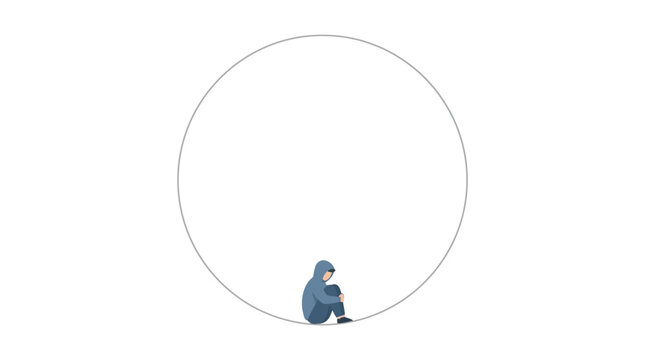 A solitary figure sits hunched within a vast, empty circle, embodying feelings of isolation and introversion in an abstract minimal illustration