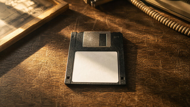 Blank floppy disk mockup on dark wooden background with telephone wire