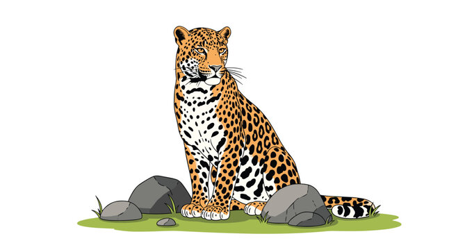 Powerful jaguar sits majestically on a patch of green grass surrounded by rocks, looking off to the side in a detailed drawing.