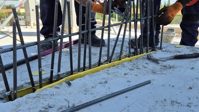Construction worker assembling steel rebar loops and reinforcement bars between precast concrete walls before concreting.