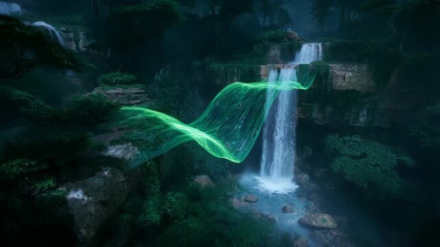 Waterfall landscape with glowing green energy streams, misty forest river scene for renewable energy and sustainability themes