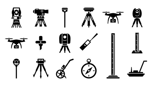 Surveying and Geodesy Equipment Silhouette Icon Set