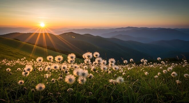 A vibrant sunrise illuminates a lush mountain meadow filled with fluffy white dandelions.