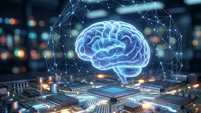Digital brain concept with neural network connections on a computer circuit board representing artificial intelligence technology