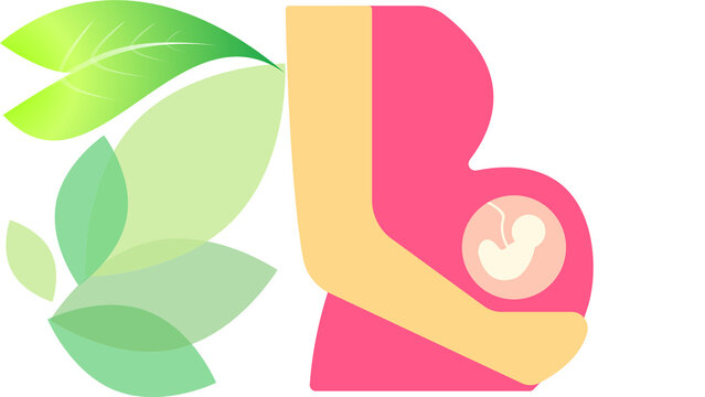 Pregnant woman icon with fetus and abstract green leaves