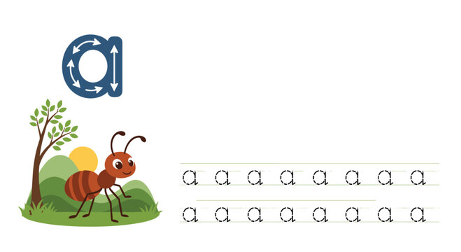 Early childhood worksheet provides practice for writing the letter a, featuring a cute ant character and a sunny hill landscape.
