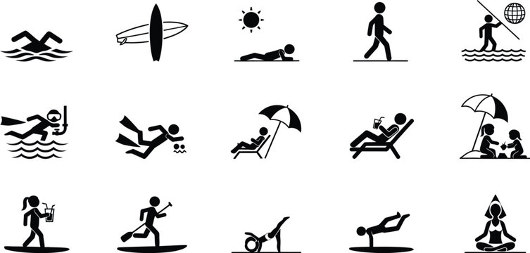 Summer activities silhouette icons swimming surfing sunbathing beach relaxation and water sports pictograms