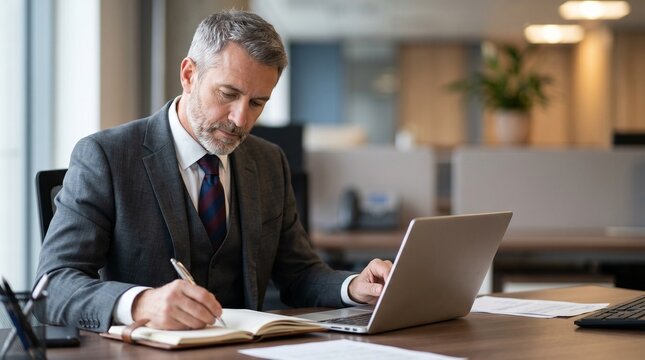 Confident senior businessman in formal suit writing notes and using laptop at workspace, legal consulting and corporate executive concept