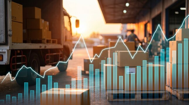 Cardboard boxes stacked at logistics warehouse dock with abstract business charts overlay, stock inventory and supply chain concept
