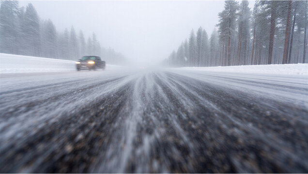 Low angle view of icy road during heavy winter snowstorm with blizzard, slippery