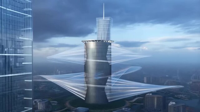 Wind turbine tower array generating renewable energy in a futuristic smart city with flowing light trails and clouds