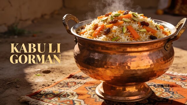 Traditional Afghan wedding Kabuli pulao served in a handcrafted copper platter, golden hour light, copy space