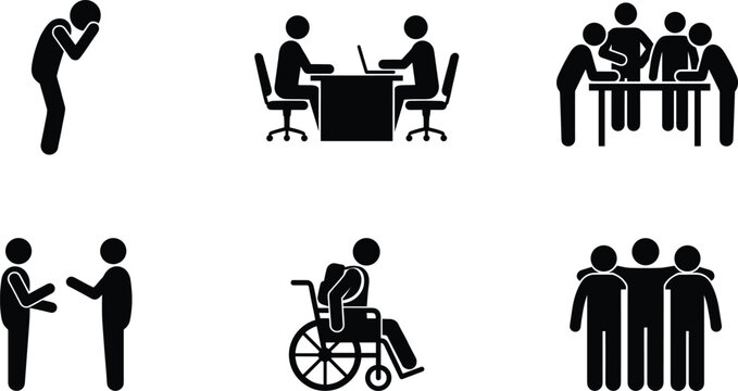 Stick figure pictogram set representing office teamwork corporate meeting disability inclusion friendly conversation and depression isolated on white background