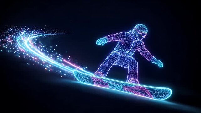 Neon Wireframe Snowboarder - This digital illustration depicts a vibrant, neon wireframe snowboarder gliding down a slope, leaving a trail of sparkling lights behind.