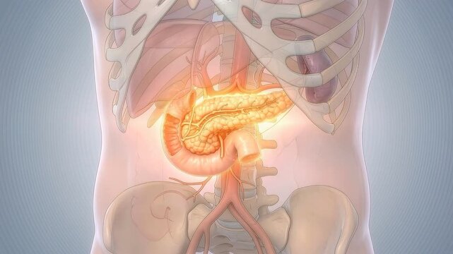 Anatomy of the digestive system showing the pancreas and its functions in the human body