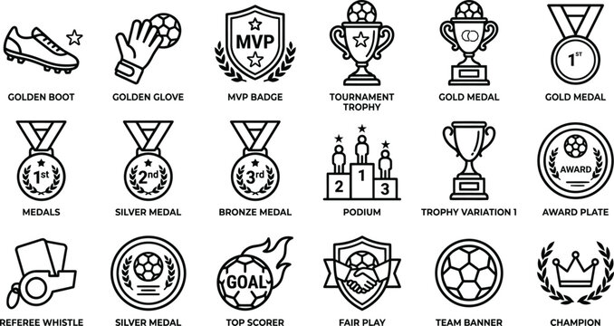 Soccer award icons set, 18 football trophy and medal line vectors, championship tournament achievement symbols for sports competition branding