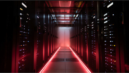 Futuristic data center aisle with red light and fog atmosphere technology © abba