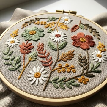 Autumn floral embroidery in hoop