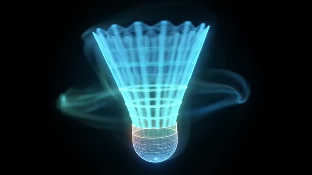 Holographic Badminton Shuttlecock - A futuristic, glowing blue holographic badminton shuttlecock is video in a detailed wireframe style against a deep black background.