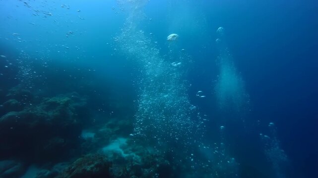 Underwater geothermal bubbles rise in deep ocean water with blue light rays and drifting particulate for science and exploration footage