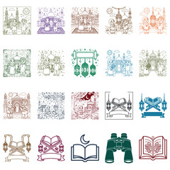 Colorful hand-drawn doodle icons set with education and travel themes vector illustration © NOTMAN