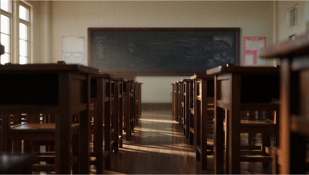 Empty traditional classroom with wooden desks and blackboard, classroom